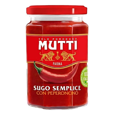 A 280g jar of Mutti Tomato Sauce With Chilli Pepper, featuring a red screw-on lid and a label with a vibrant chilli pepper.