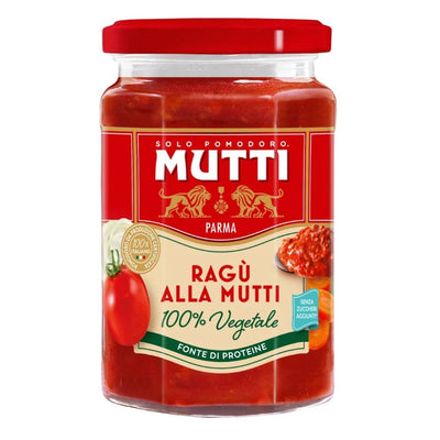 A 280g jar of Mutti Tomato Sauce With Vegetables, featuring a red label with tomatoes and carrots—perfect for enhancing pasta dishes with a rich vegetable flavor. Product info is provided in Italian.