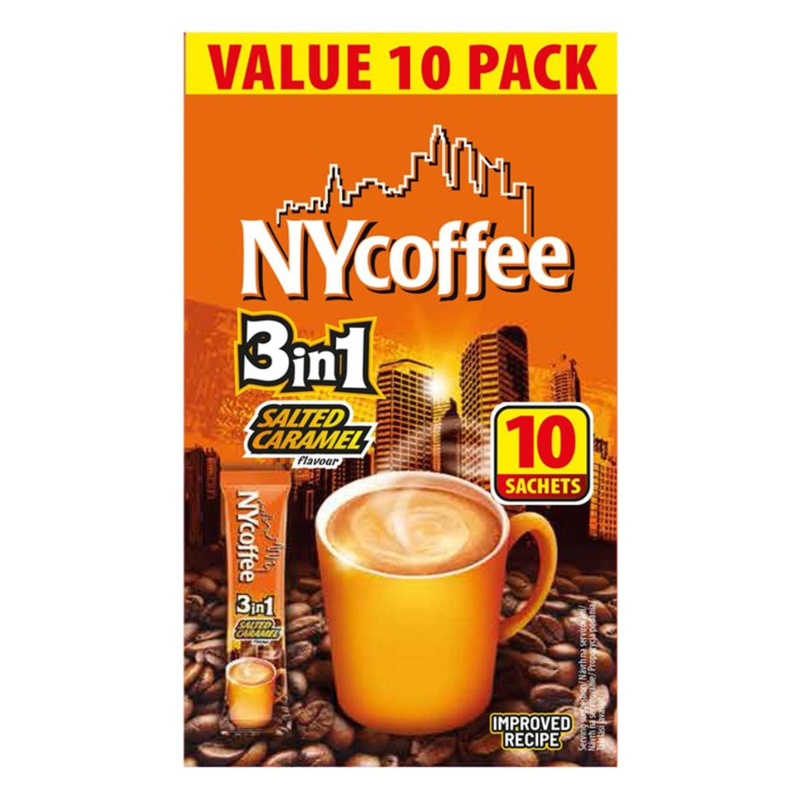 The packaging for NY Coffee - 3in1 Instant Salted Caramel Coffee (10 sachets) - 140g showcases a vibrant orange coffee cup set against a city skyline backdrop. This convenient "Value 10 Pack" provides a delightful coffee experience with 10 sachets included.