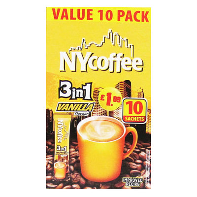 NY Coffee - 3in1 Instant Vanilla Coffee offers a delightful combination of coffee and vanilla flavors, conveniently packaged in a 10-sachet box. The packaging elegantly features a steaming cup of coffee next to aromatic beans, making it an attractive choice for those seeking an indulgent treat. At just £1.09, it's priced perfectly for enjoyment.
