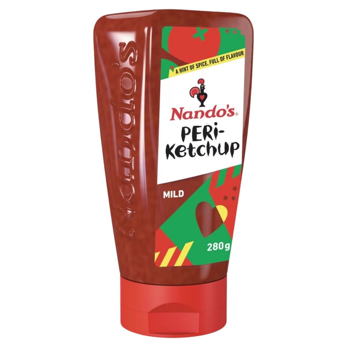 Nando's Hot Peri-Ketchup Sauce, 280g, showcases a colorful label with "A hint of spice, full of flavor" and is infused with peri-peri chili for added zing.