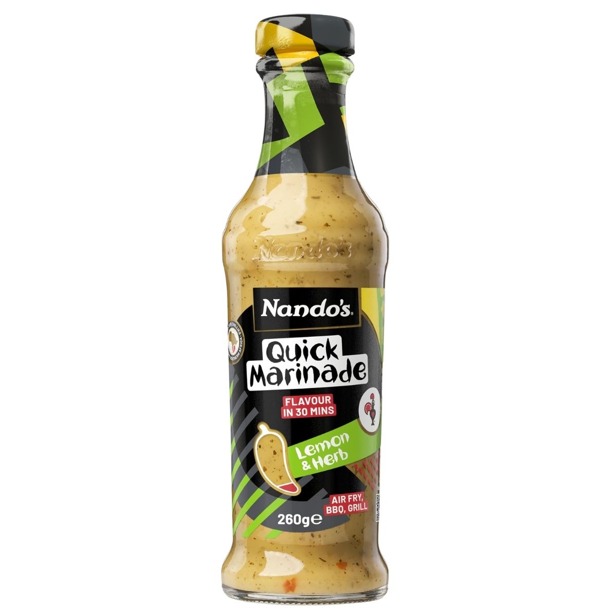Nando's Lemon & Herb Quick Marinade (260g) delivers "Flavour in 30 mins" and is ideal for air frying, BBQ, or grilling.