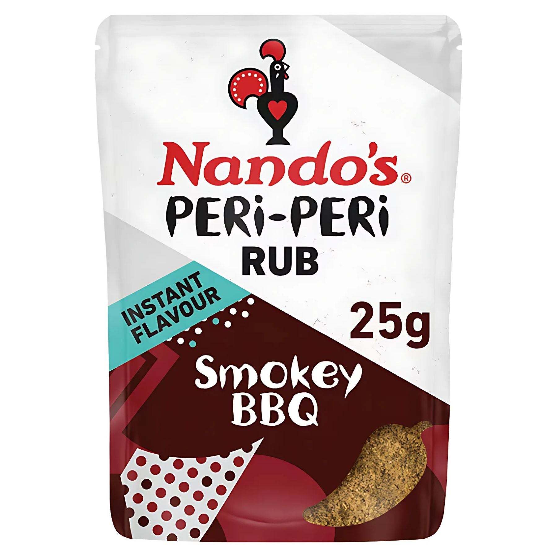 A 25g Nando's Peri-Peri Rub Powder BBQ Flavour pack features "instant flavour" text, a hint of smoked paprika, and an image of spice at the bottom.