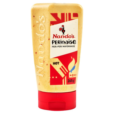 Nando’s Perinaise Peri Peri Mayonnaise Hot (265g) blends creamy mayo with a spicy peri peri kick. Comes in a yellow squeeze bottle with a red cap.