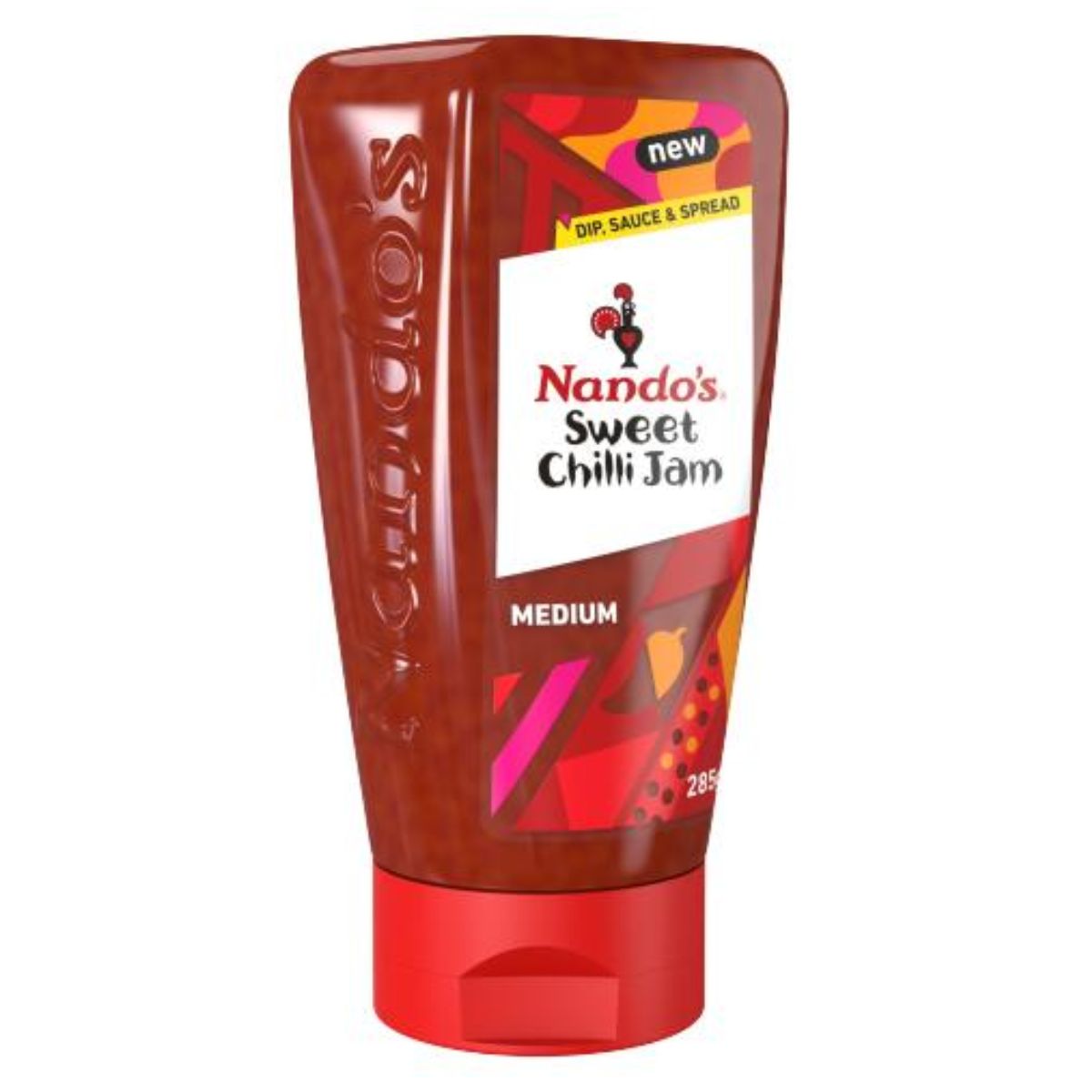 A 285g bottle of Nandos - Sweet Chilli Jam - 285g, labeled medium, featuring a red cap and colorful packaging with the text "new" and "dip, sauce & spread." This sweet and spicy jam provides a perfect balance of flavor for any dish.
