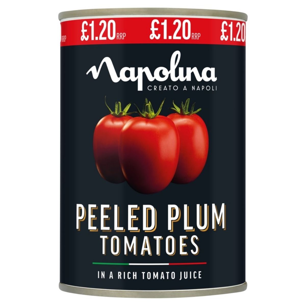 A 400g can of Napolina peeled plum tomatoes in rich tomato juice, featuring a red label and priced at £1.20, is perfect for making pasta sauce.