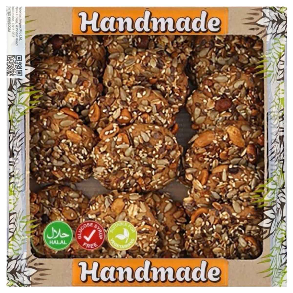 Box of handmade granola bars with visible ingredients on a cardboard packaging.