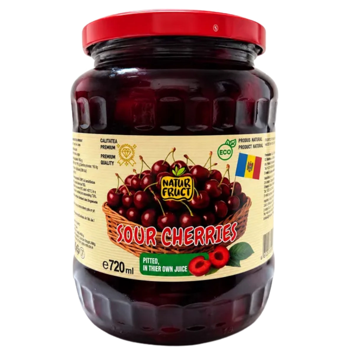 A 720ml glass jar of Natur Fruct Sour Cherries, featuring a red lid and a beige label with an illustration of fresh cherries, set against a plain white background.