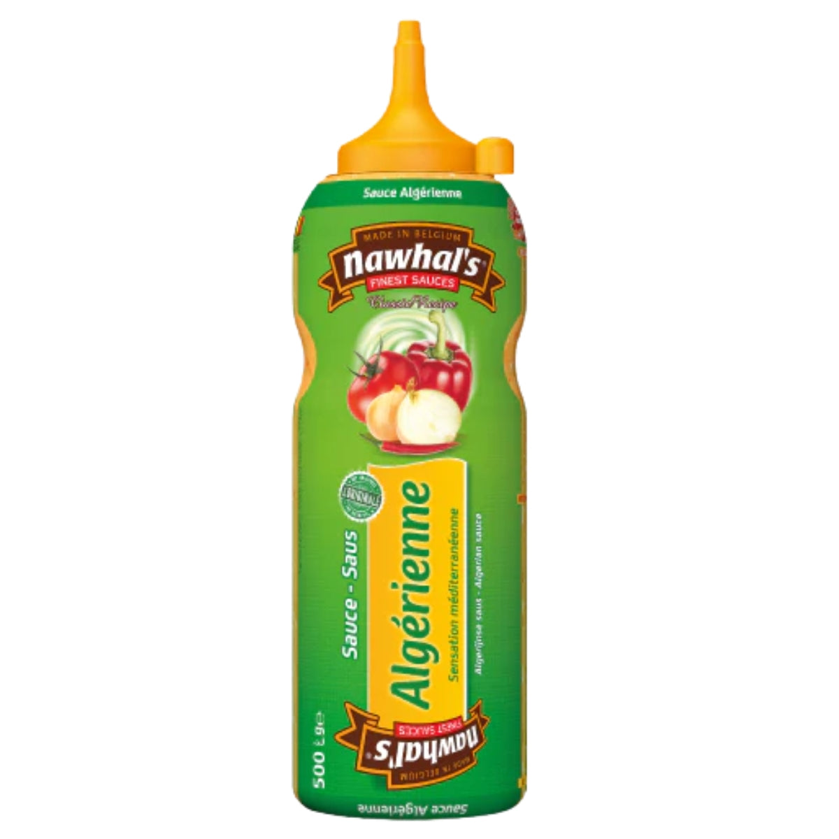 A 500g squeeze bottle of Nawhal's French Sauce Algérienne, featuring a green label with red and yellow accents and a yellow-orange pointed cap, shown on a plain white background.