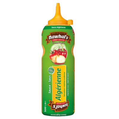 A 500g squeeze bottle of Nawhal's French Sauce Algérienne, featuring a green label with red and yellow accents and a yellow-orange pointed cap, shown on a plain white background.