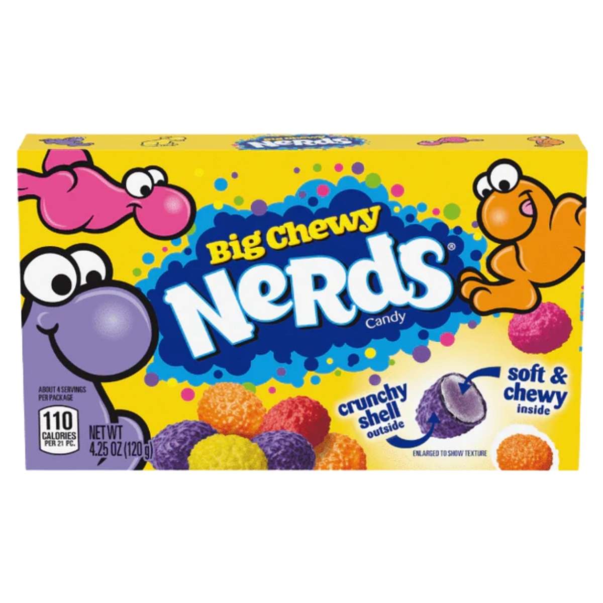 A 120g box of Nerds Big Chewy Candy by Nerds, featuring colorful cartoon characters and images of the candy, with text highlighting a crunchy shell and soft, chewy centre.