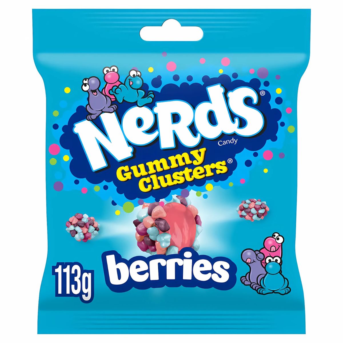 A 113g bag of Nerds Gummy Clusters Berries Flavoured Candy, featuring berry flavors, colorful cartoon characters, and gummy cluster images on the packaging.