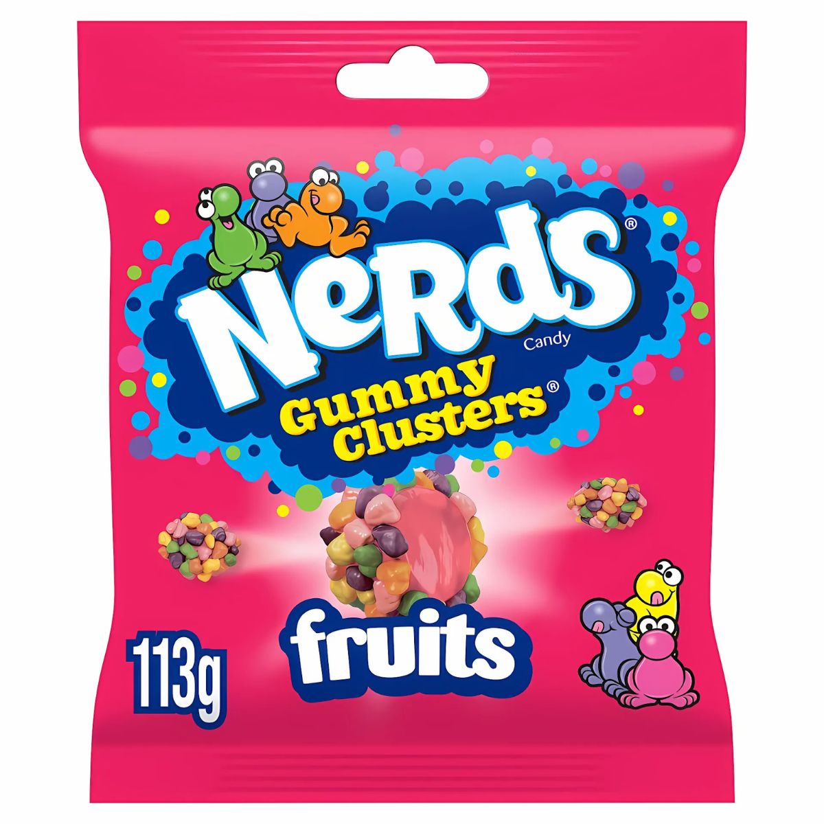 A 113g bag of Nerds - Gummy Clusters Fruits Flavoured Candy featuring colorful, sweet, and tangy pieces with cartoon characters on the packaging.