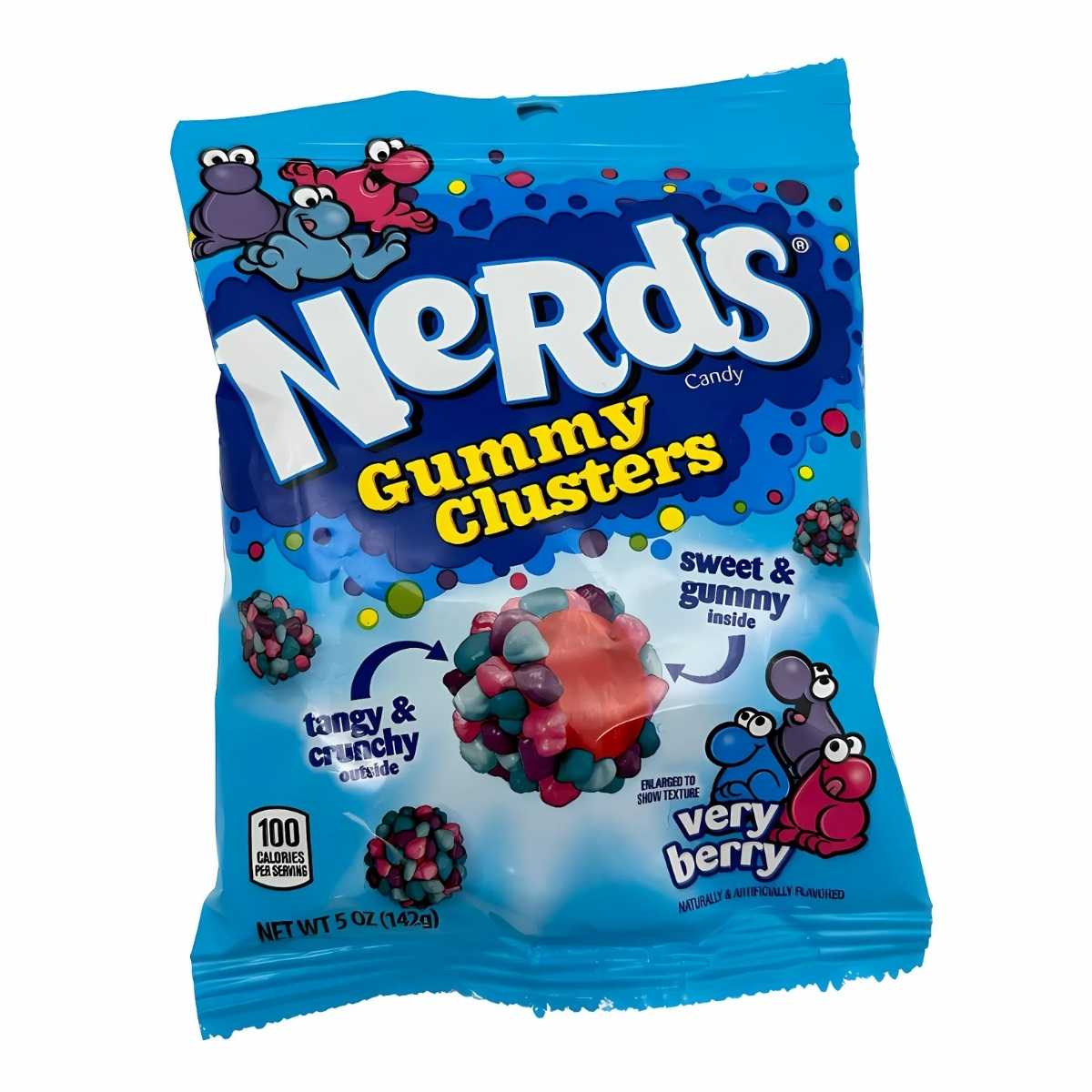 An 85g bag of Nerds - Gummy Clusters Very Berry Candy, featuring colorful gummy clusters against a vibrant blue background.