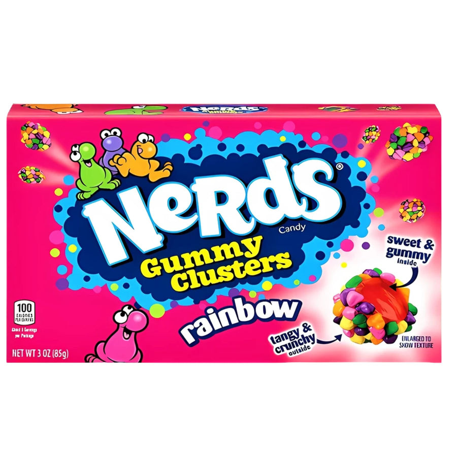 The 85g Nerds - Rainbow Gummy Clusters box displays vibrant gummy candy images and playful cartoon characters on a bright pink background, making it a fun and colorful sweet treat from Nerds.