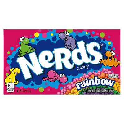 A 141g Nerds Rainbow Candy Theatre Box with colorful branding and small multicolored candies on the lower right—a classic American treat.