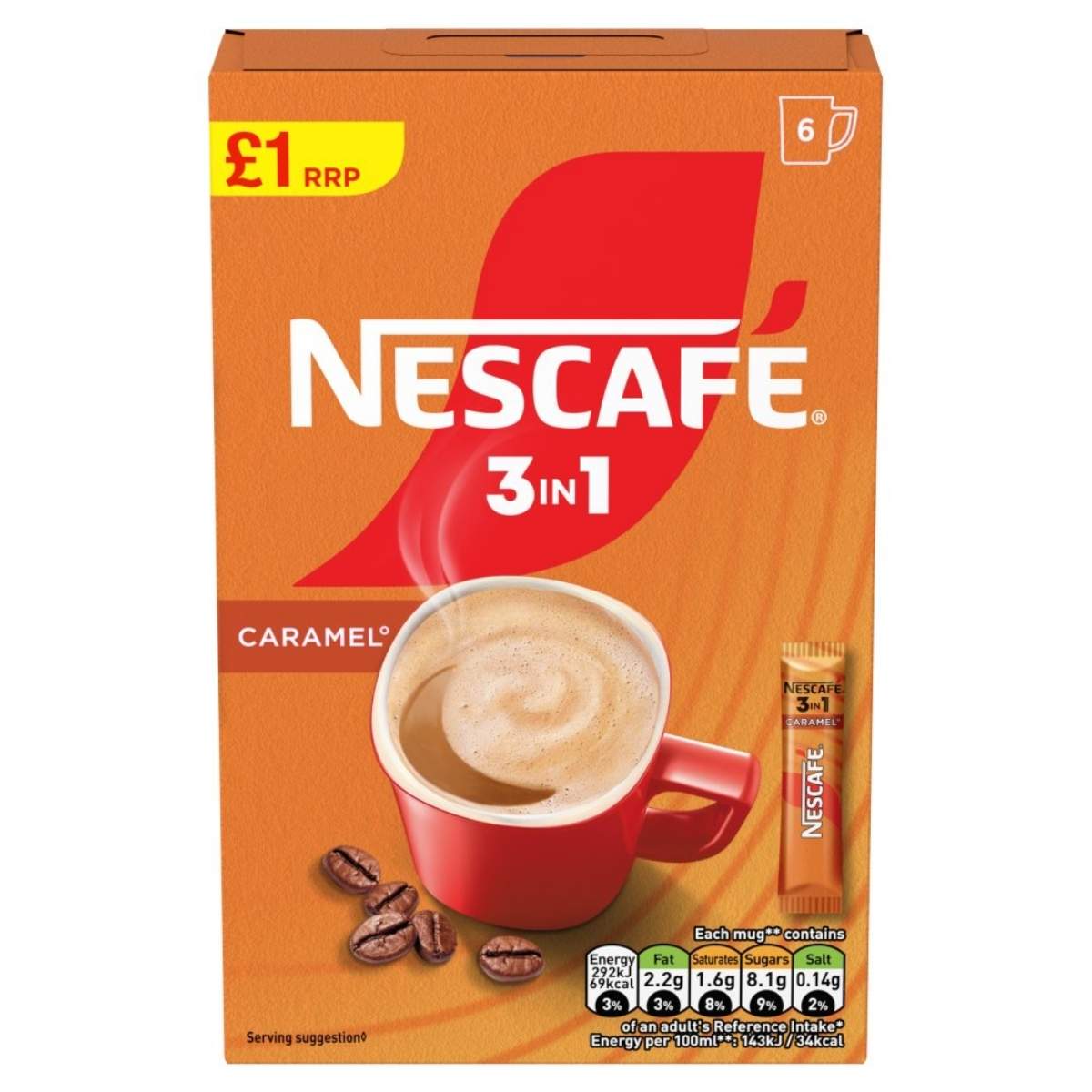 Nescafé - 3in1 Caramel - 6 x 16g provides a creamy coffee experience with its instant coffee box containing six sachets. The packaging showcases a red cup alongside coffee beans and is priced at £1 RRP.