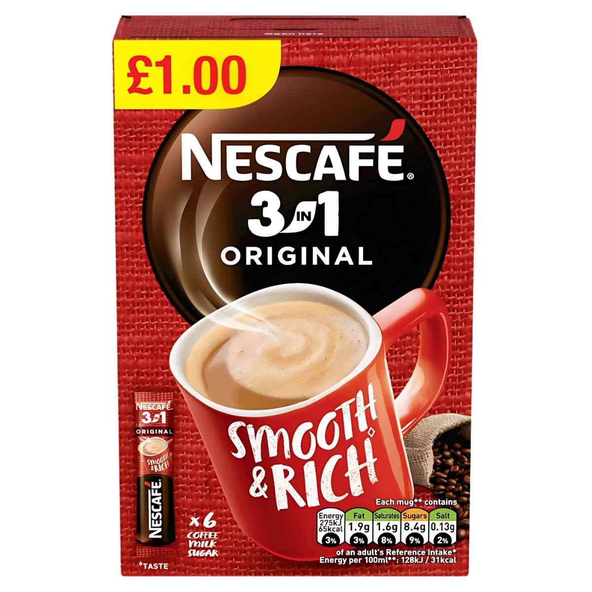 Box of Nescafe 3in1 Original Instant Coffee sachets. Includes an image of a coffee mug with "Smooth & Rich" text, emphasizing the original blend. Priced at £1.00 and contains 6 sachets, each weighing 16g.