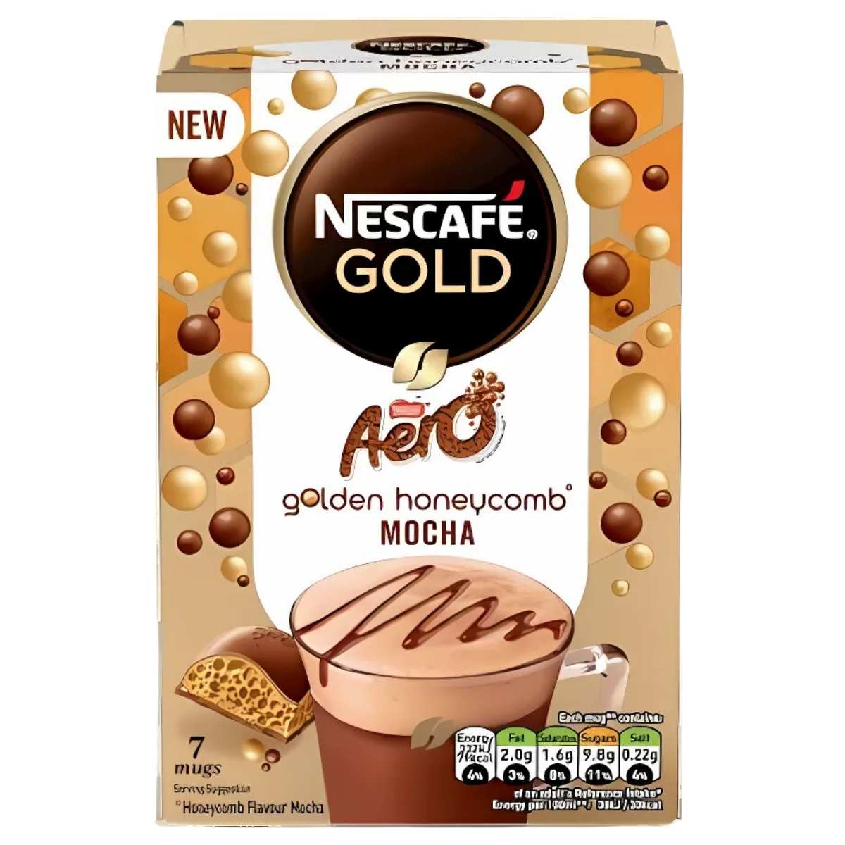 The Nescafe Aero Golden Honeycomb Mocha packaging features a glass of frothy mocha with chocolate drizzle and honeycomb pieces. It provides clear nutritional info and contains seven servings of this premium indulgence.