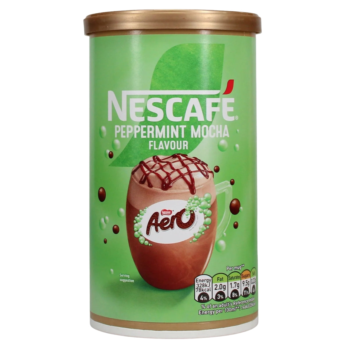 A canister of Nescafe Peppermint Mocha Flavour, featuring a green label with an illustration of a chocolate drink topped with mint leaves and drizzled chocolate, on a white background.