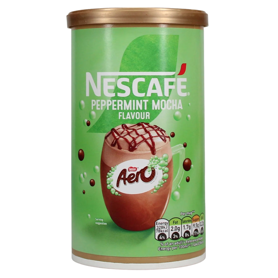 A canister of Nescafe Peppermint Mocha Flavour, featuring a green label with an illustration of a chocolate drink topped with mint leaves and drizzled chocolate, on a white background.