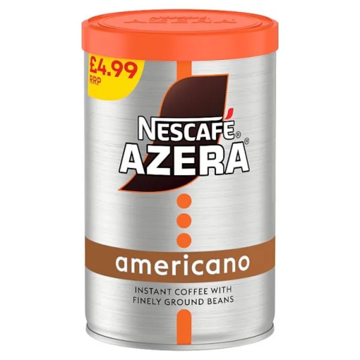 A 90g can of Nescafe Azera Americano, featuring orange and brown design elements, is priced at £4.99.