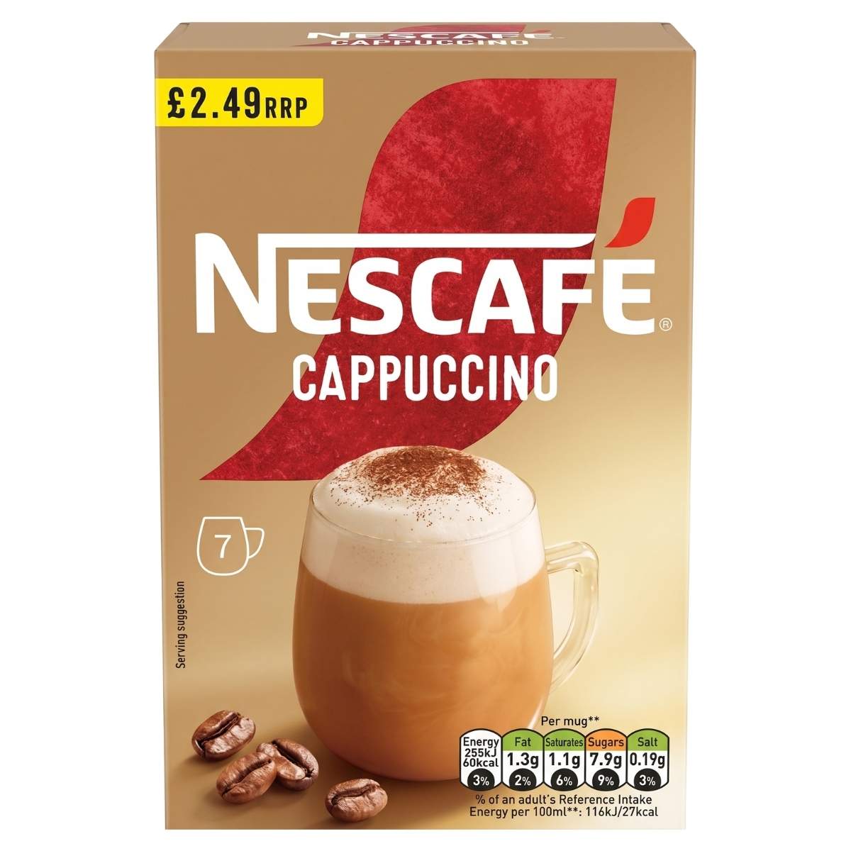 Nescafe - Cappuccino Instant Coffee (7 Sachets x 15.5g): Box with a glass mug of frothy cappuccino topped with foam and cocoa, three coffee beans in front, and £2.49 RRP label.