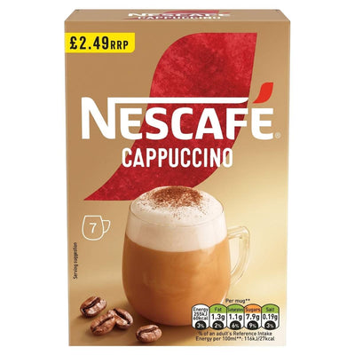 Nescafe - Cappuccino Instant Coffee (7 Sachets x 15.5g): Box with a glass mug of frothy cappuccino topped with foam and cocoa, three coffee beans in front, and £2.49 RRP label.