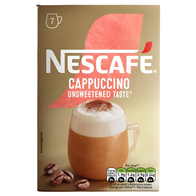 Box of Nescafe - Cappuccino Unsweetened Taste (7 x 14.2g) sachets, showing a glass mug cappuccino, coffee beans, and nutritional info on the packaging.