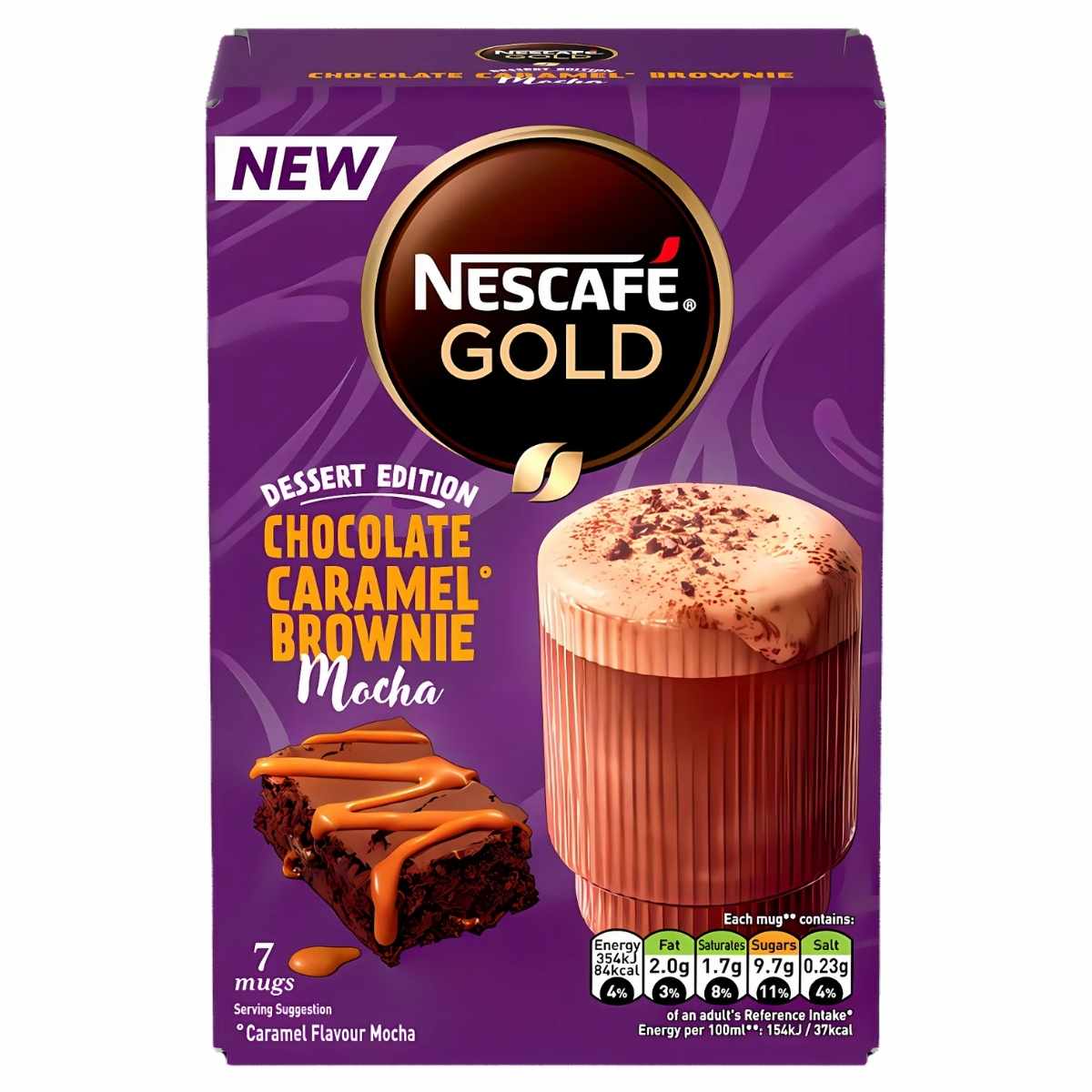 The Nescafé Chocolate Caramel Brownie Mocha 7x21.4g box features an enticing topped coffee image with a brownie slice, includes nutritional info for 7 mugs, and sports a "NEW" label for coffee enthusiasts to savor.