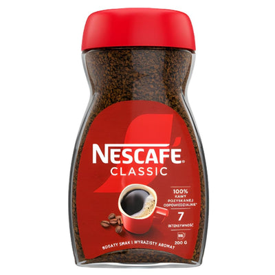 A 200g jar of Nescafe Classic Instant Coffee with a red lid, featuring a cup image and product info on the label. Made from responsibly sourced beans for rich, satisfying flavor.