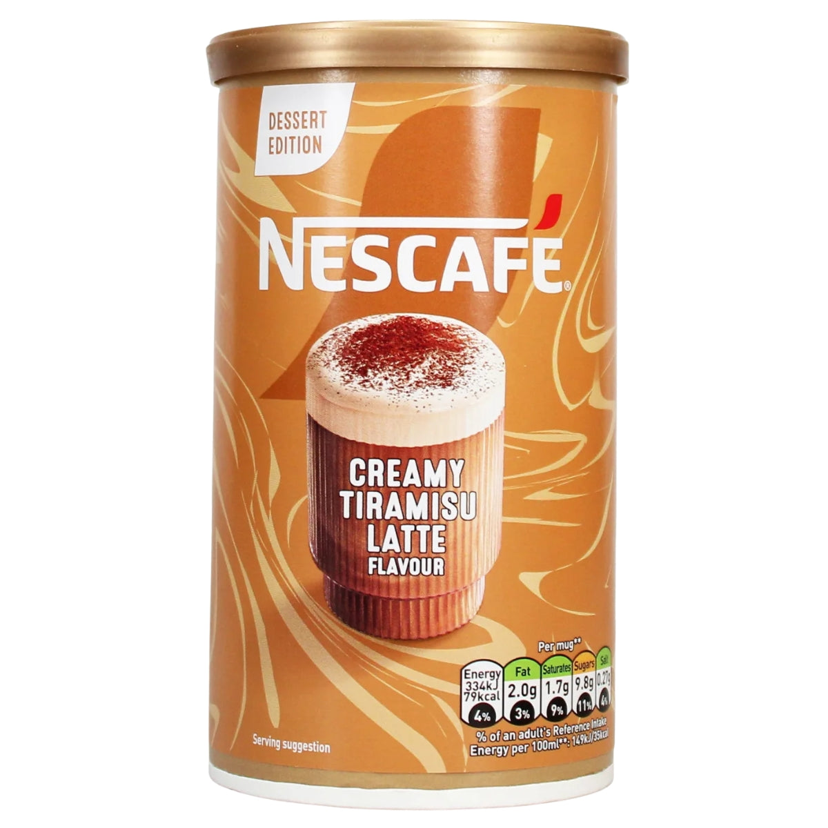 A 260g tub of Nescafe - Creamy Tiramisu Latte Coffee, featuring the brand name Nescafe, made with skimmed milk powder. The packaging displays a picture of a latte on the front and nutritional information at the bottom.