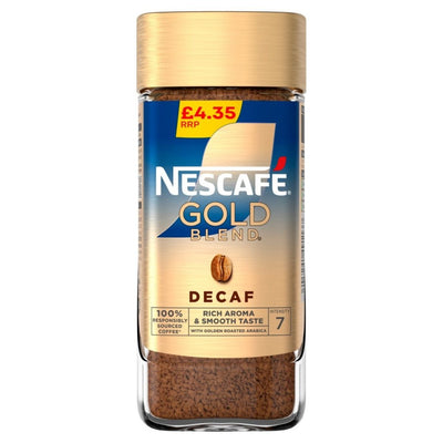 A 95g jar of Nescafe Decaf Gold Blend Coffee Beans, priced at £4.35, with a golden lid and labeling that highlights its rich aroma, smooth taste, and strength level 7—ideal for decaf coffee lovers.