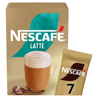 A box of Nescafe - Latte Instant Coffee (7 x 18g) is shown with a glass of frothy coffee, coffee beans, a sachet marked "7," and made from responsibly sourced coffee.