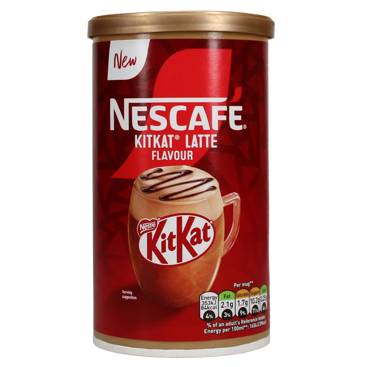 A canister of Nescafe KitKat Latte Flavour, featuring a red label with a gold lid and a graphic of a KitKat drink, on a white background.