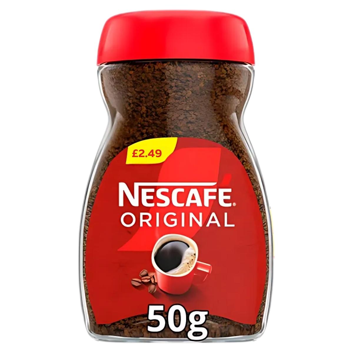 Nescafe - Original - 50g jar, featuring a red lid and £2.49 price label, delivers a bold flavor in every cup.