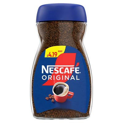 A 95g jar of Nescafe Original Decaf Instant Coffee with a blue lid, showing a red cup image and a yellow £4.19 RRP price sticker on the label.
