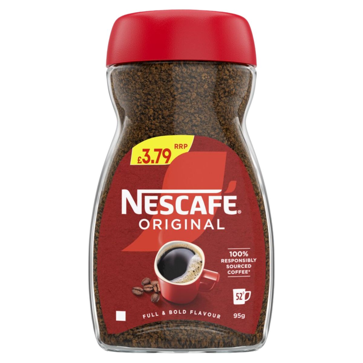 The 95g jar of Nescafé Original Instant Coffee, featuring a red lid, is priced at £3.79. Its label showcases a steaming cup and highlights "100% Responsibly Sourced Coffee.