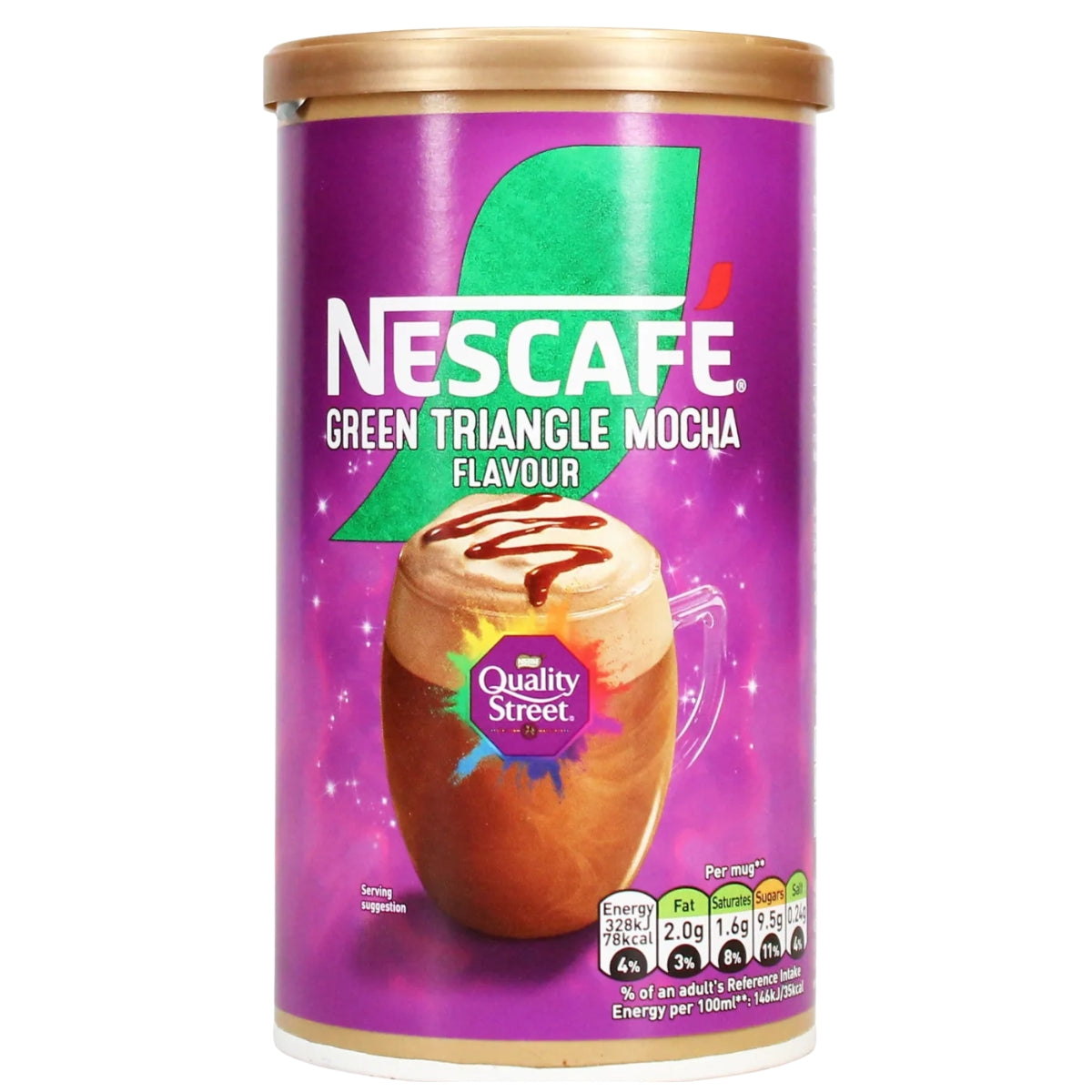 A 260g tub of Nescafe Quality Street Green Triangle Hazelnut Mocha Coffee, featuring an image of a creamy hazelnut mocha topped with chocolate drizzle on a purple background adorned with the Quality Street logo.