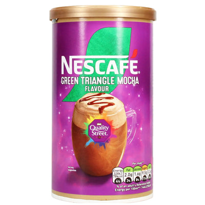 A 260g tub of Nescafe Quality Street Green Triangle Hazelnut Mocha Coffee, featuring an image of a creamy hazelnut mocha topped with chocolate drizzle on a purple background adorned with the Quality Street logo.