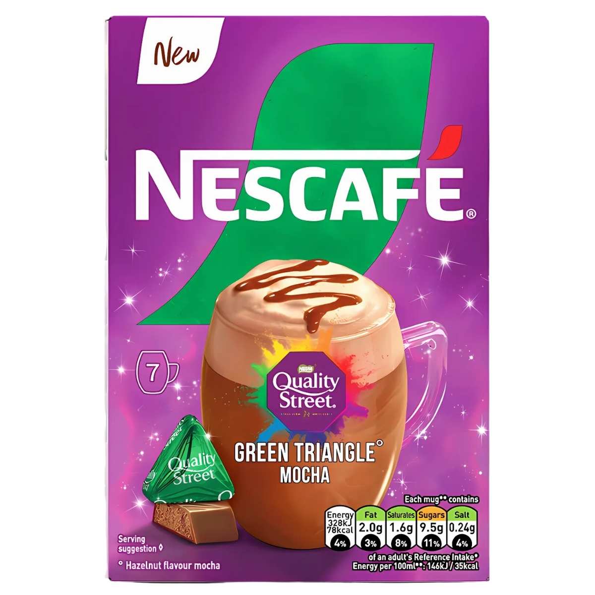 Box of Nescafe - Quality Street Green Triangle Mocha, displaying a rich coffee mug blending delightful coffee and chocolate flavors, with the iconic Quality Street logo and nutritional details at the bottom. Includes 7 sachets of 19g each.