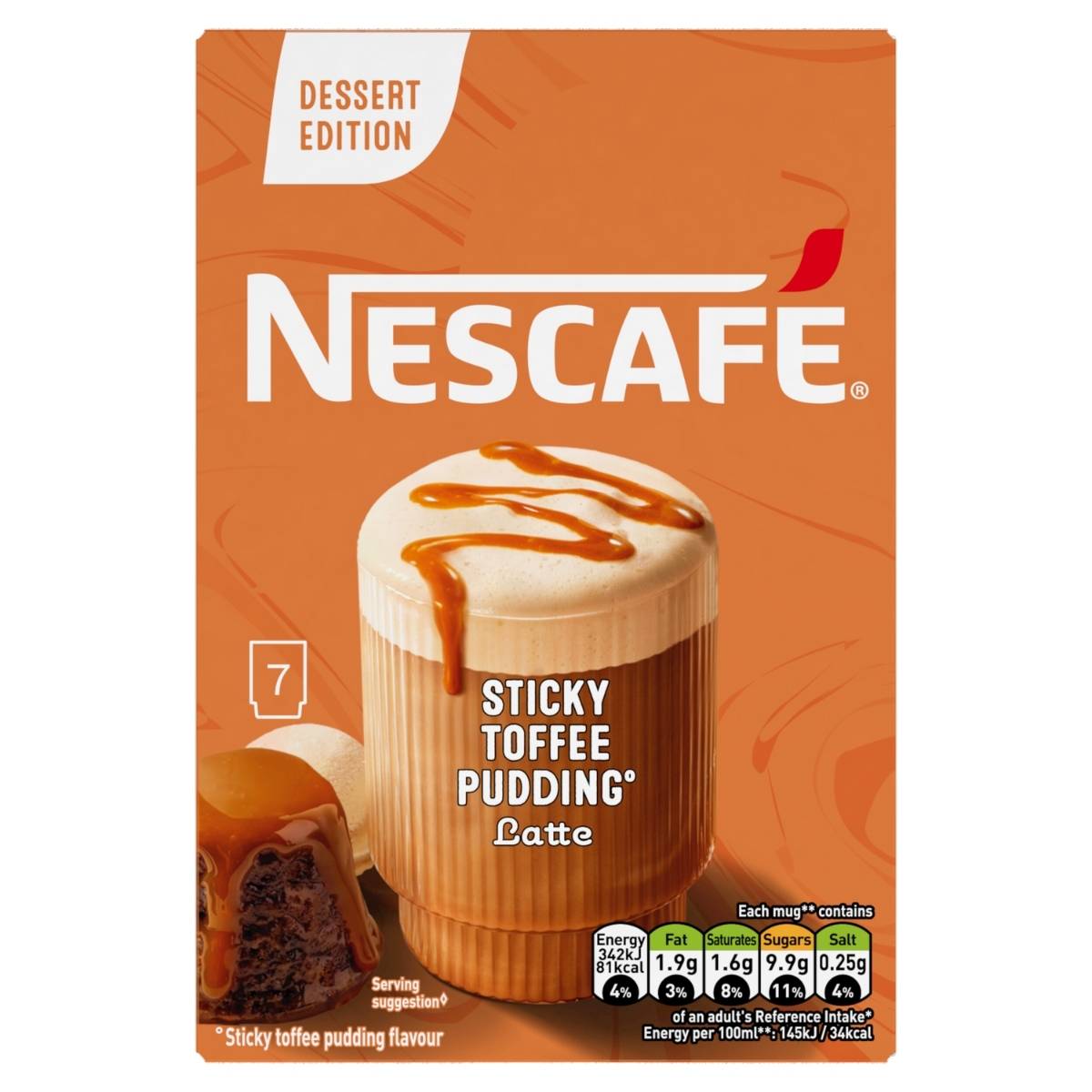 The Dessert Edition Nescafe - Sticky Toffee Pudding Latte 7x20g blends coffee and toffee flavors, featuring a foam-topped latte image beside sticky toffee pudding and includes nutritional info.