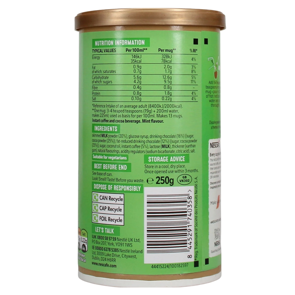 Back view of a Nestlé Nesquik chocolate malt drink canister, showing the green nutrition information panel, ingredients list, barcode, and disposal icons against a white background.