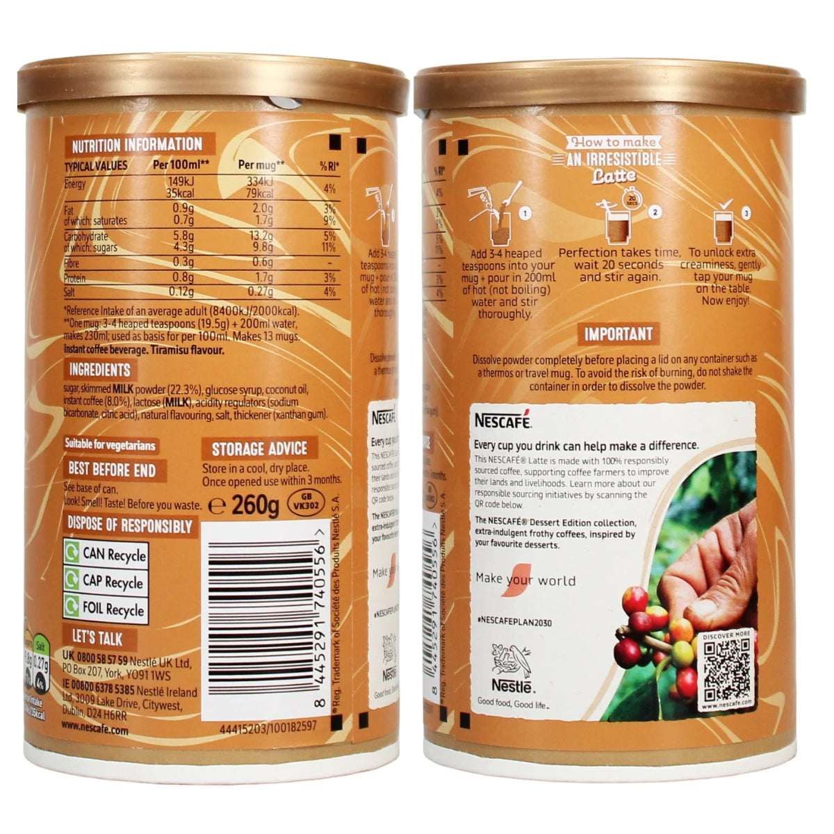 Two cylindrical Nescafe - Creamy Tiramisu Latte Coffee Tub (260g) containers are shown from the back, featuring the Nescafe brand and displaying nutritional information, a list of ingredients—including instant coffee, glucose syrup, and skimmed milk powder—preparation instructions, and recycling details on a beige and brown background.