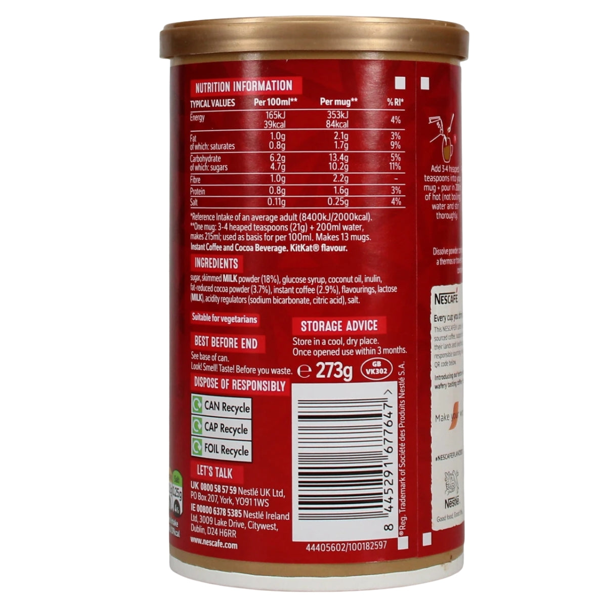 Back view of a red canister of Nesquik Nutri-Cane sugar-free coffee powder, showing nutrition facts, ingredients, recycling icons, and a barcode on a white background.