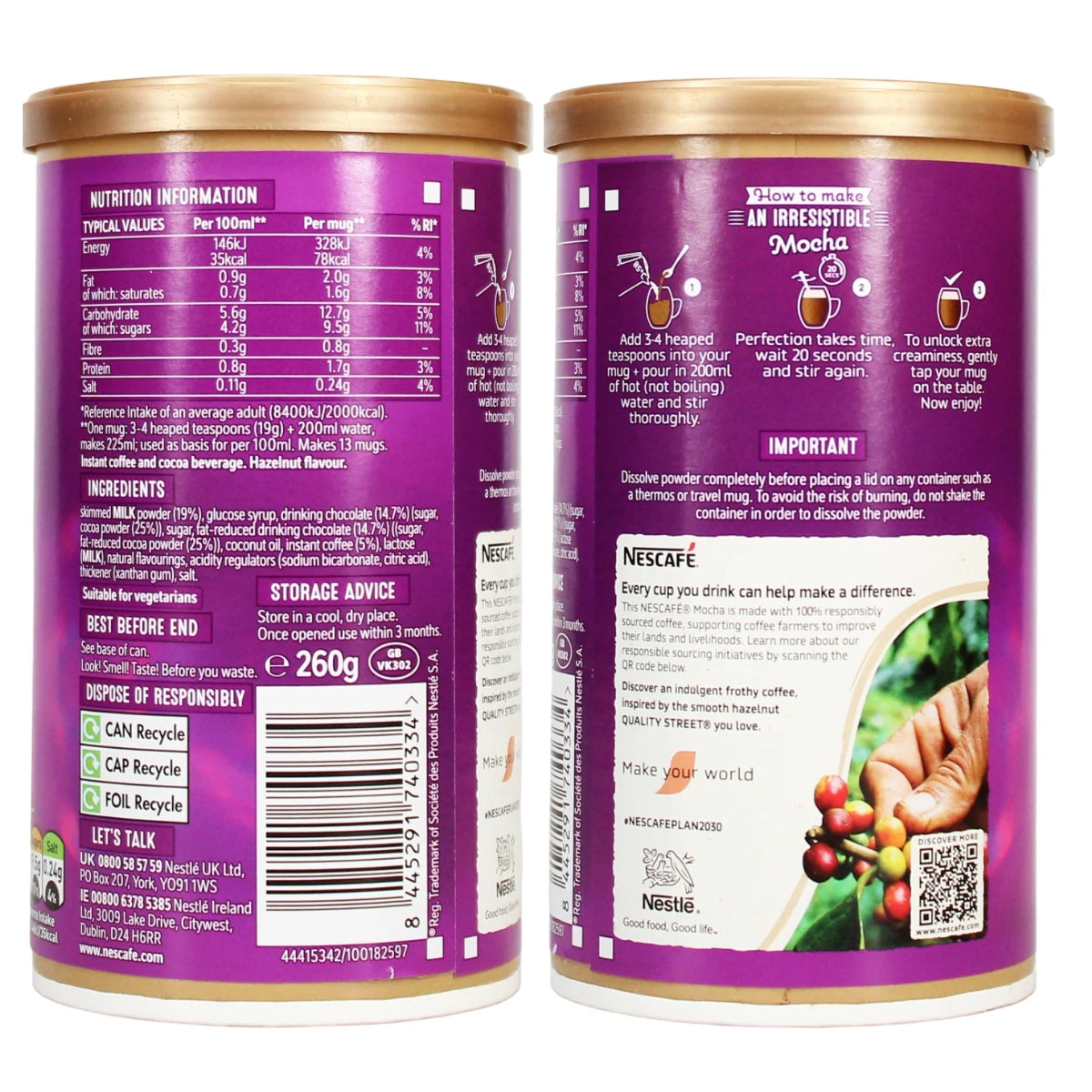 Two Nescafe Quality Street Green Triangle Hazelnut Mocha Coffee tubs, ideal for instant coffee enthusiasts, display nutrition facts, ingredients like skimmed milk powder and drinking chocolate, recycling information, preparation instructions, and storage advice. Both 260g tubs have copper-colored lids.