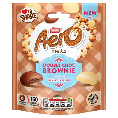 An 86g bag of Nestle Aero Melts Double Choc Brownie features brownie-flavored milk chocolate pieces, with nutritional details shown on a checkered background.
