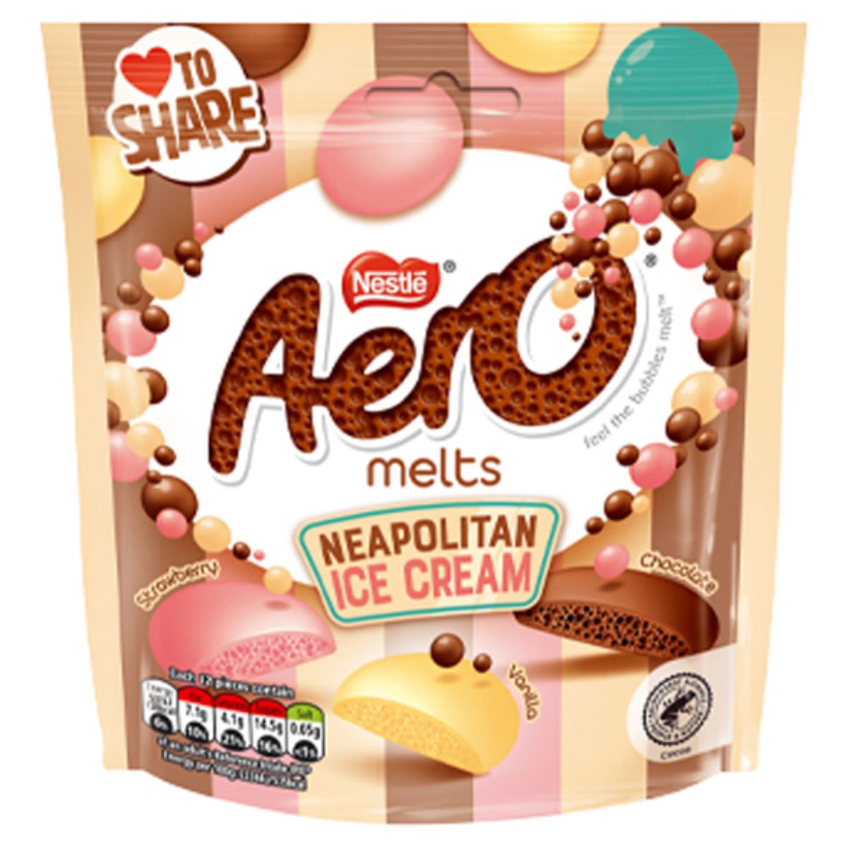 Nestlé Aero Melts Neapolitan Ice Cream - 86g packaging displays pink, brown, and yellow chocolate pieces with labels for "Strawberry," "Chocolate," and "Vanilla.