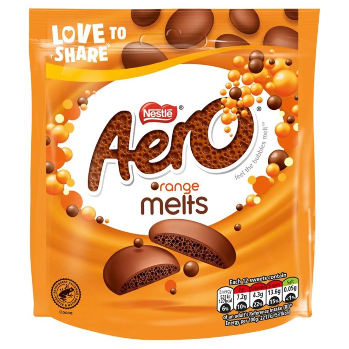 Nestle's Aero Orange Melts, an 86g package, features an orange and brown design displaying chocolate pieces, with text including "Love to Share" alongside nutritional information.