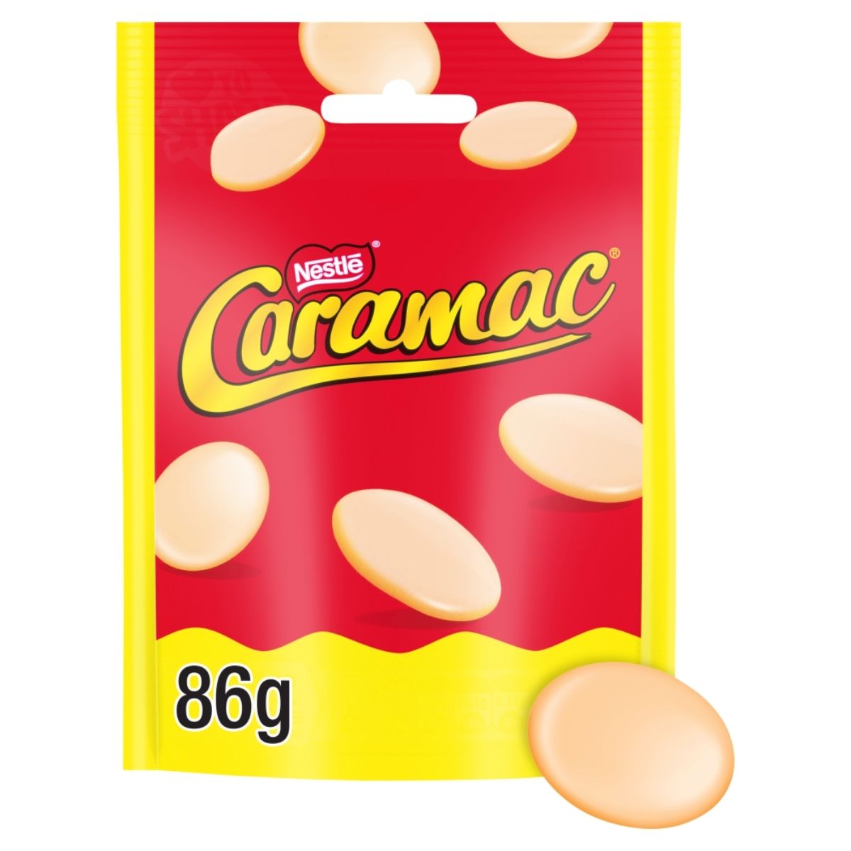 Nestle Caramac Caramel Pieces come in an 86g pack with yellow and red packaging that highlights the creamy caramel flavor, perfect for satisfying sweet cravings.